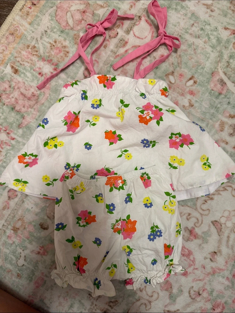 White Floral Tie-Shoulder Set - Pink Strap Detail